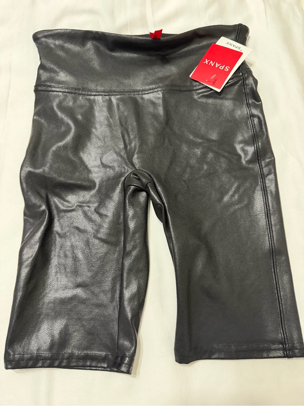 SPANX Black Faux Leather High-Waist Shorts with Red Tag
